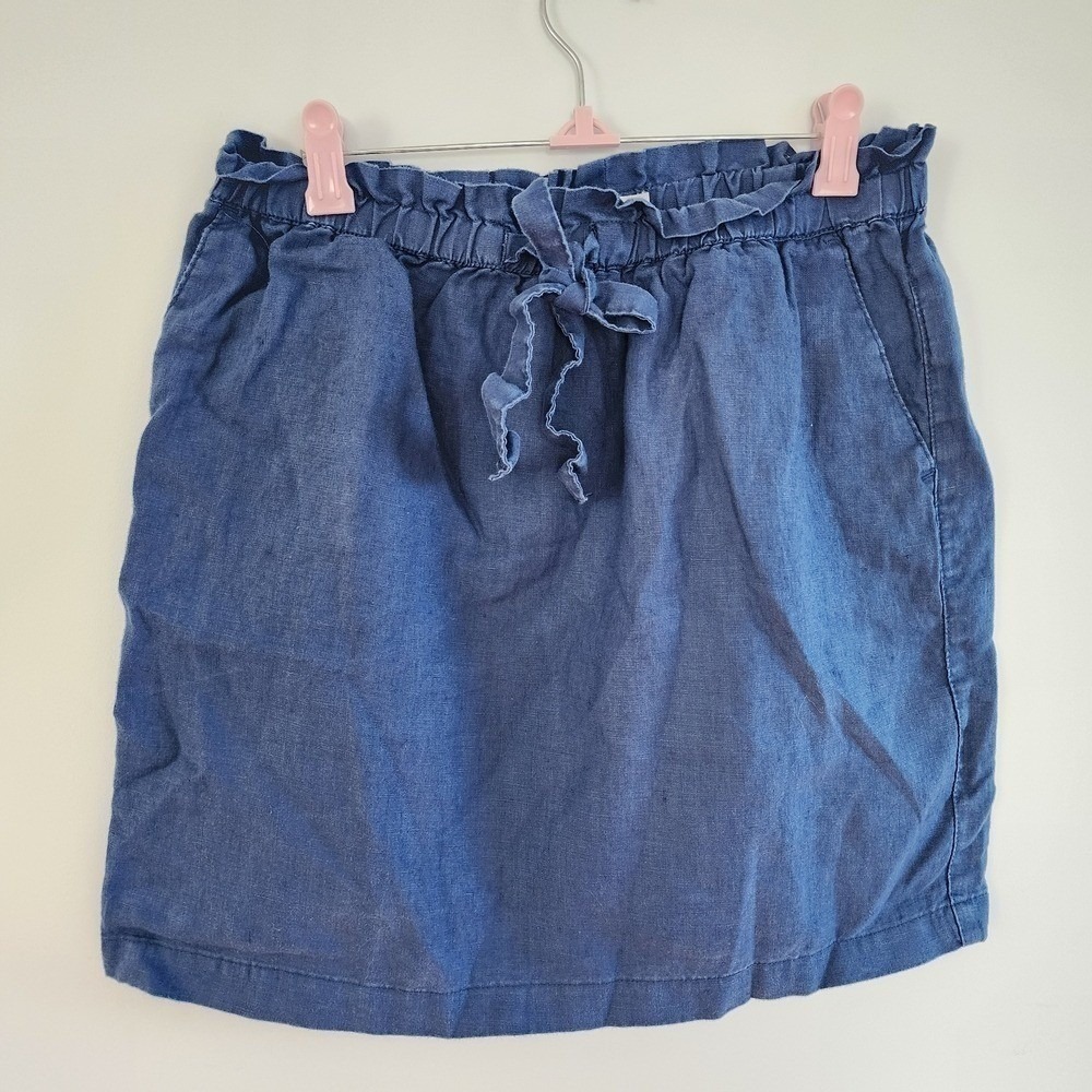 Kenar 100% Linen Mini Skirt Womens Small Blue Paperbag Waist Summer Casual Boho
